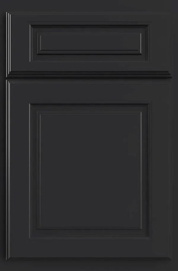 Dark gray kitchen cabinet door with raised panel and molding detail.
