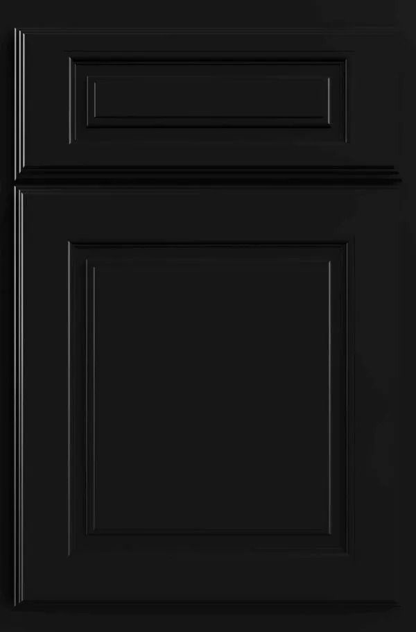 Black kitchen cabinet door with raised panel and rectangular top detail.