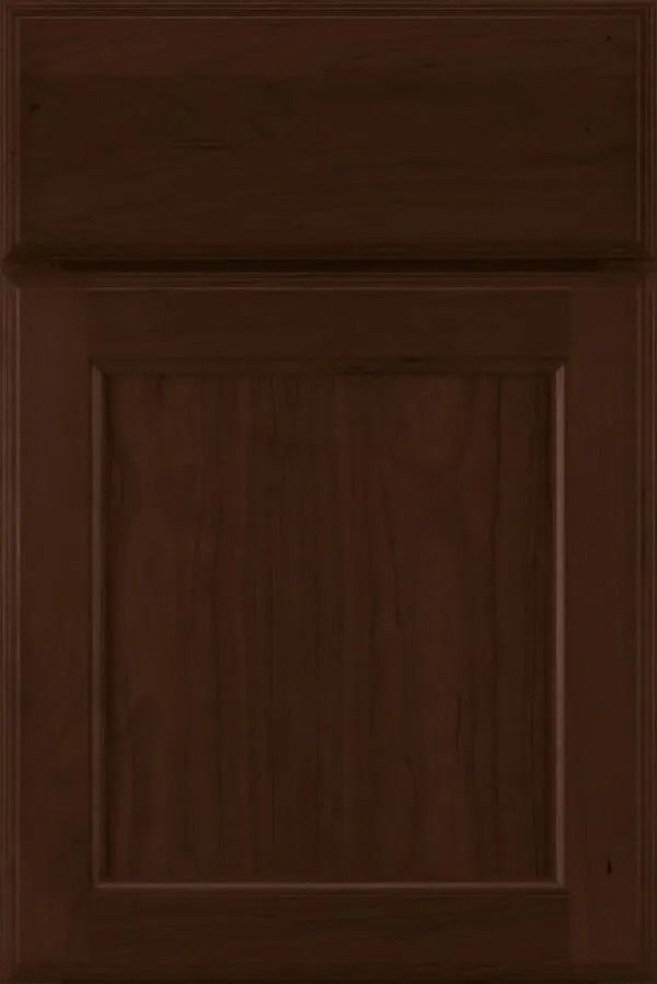 Dark brown kitchen cabinet door with raised panel.