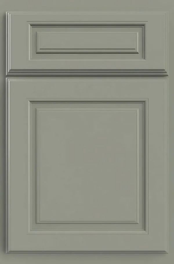 Gray cabinet door with raised panel and top rectangular detail.