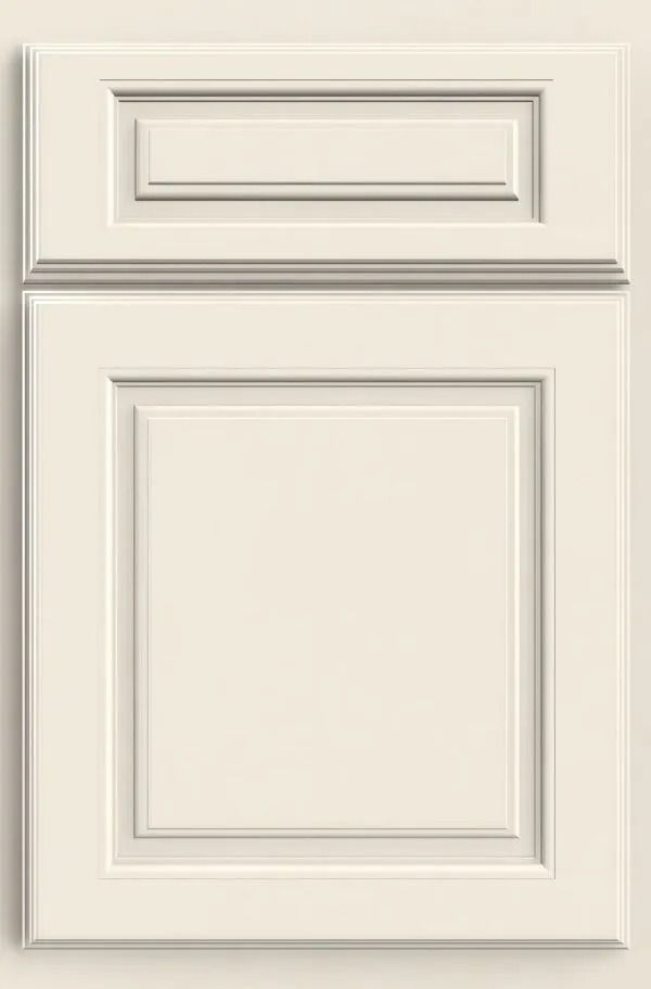 Cream-colored cabinet door with raised panel and rectangular accent at the top.