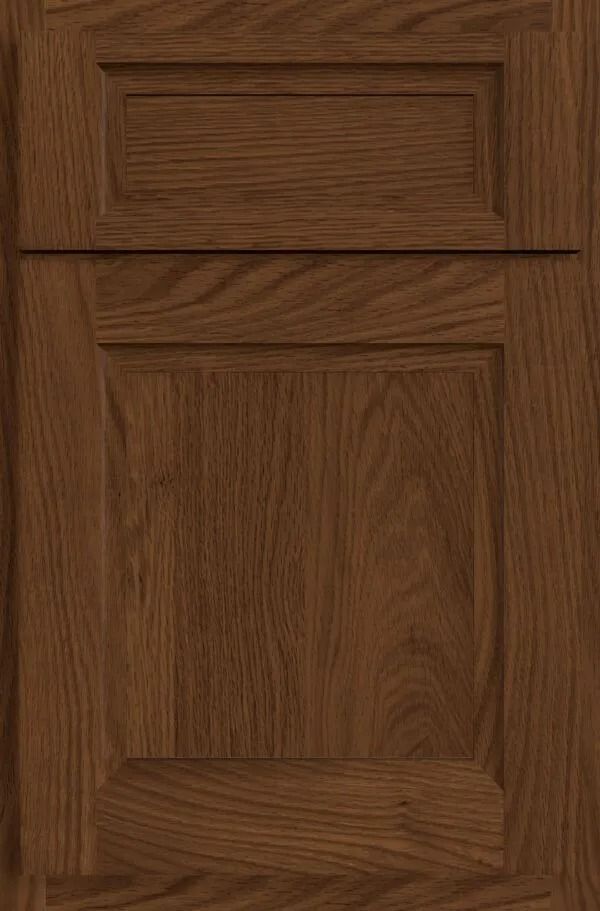 Brown wooden cabinet door with recessed panel.
