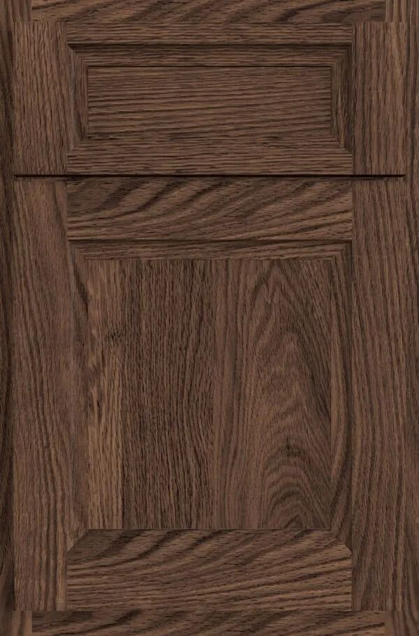 Dark brown wood cabinet door with raised panel and wood grain texture.