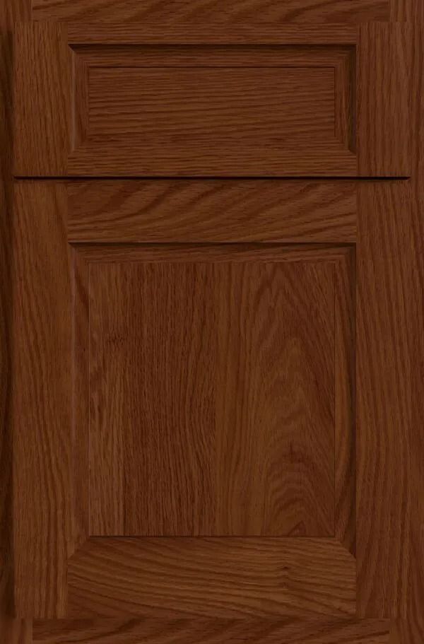 Wooden cabinet door, stained a warm reddish-brown. Raised panel design with visible wood grain.