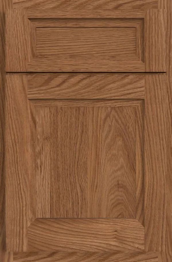 Oak cabinet door with raised panel, stained medium brown.