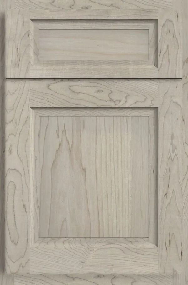 Light gray cabinet door with a raised panel design, showing wood grain.