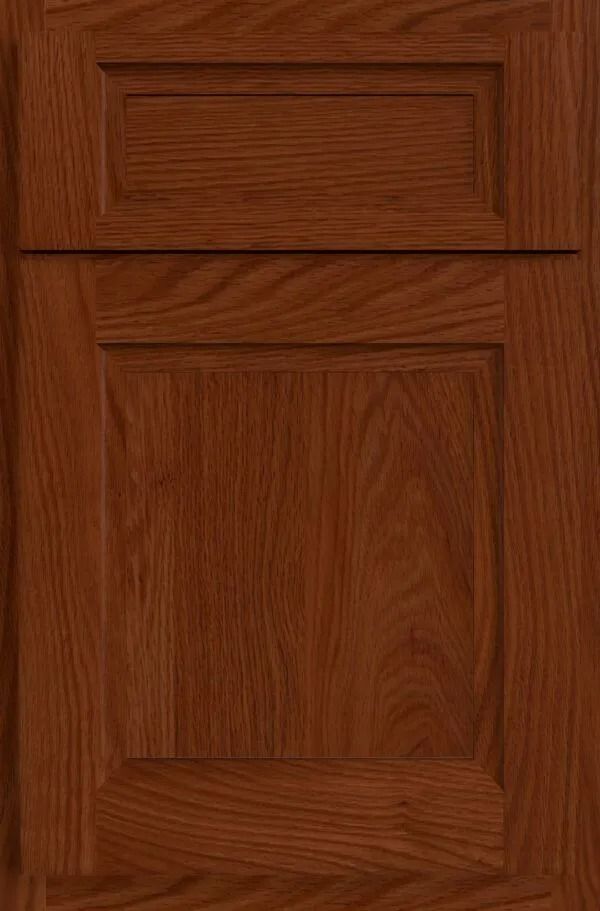 Wooden cabinet door with a raised panel, stained dark brown.