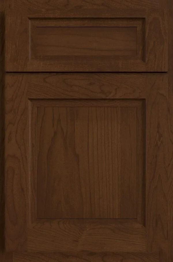 Wooden cabinet door with a raised panel in a dark brown color.