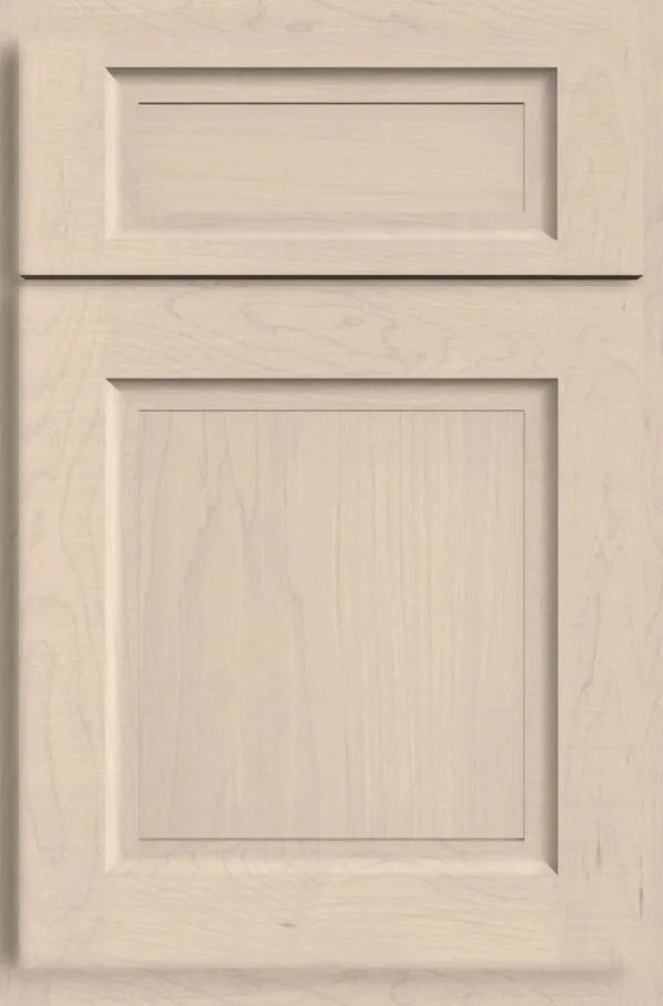 Beige cabinet door with recessed panel and raised frame.