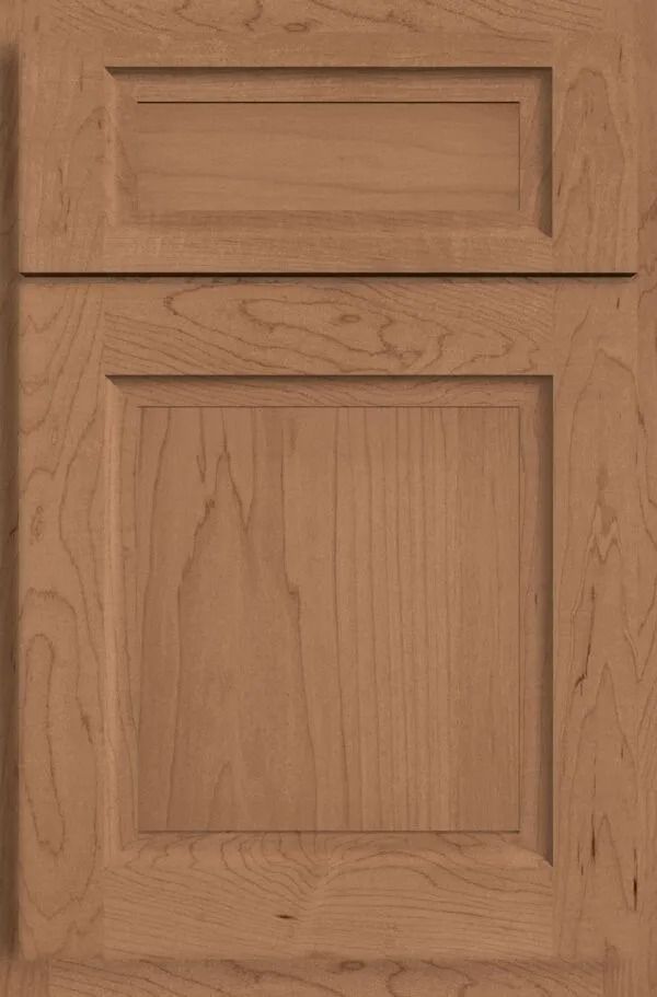 Light brown wooden cabinet door with recessed paneling and visible wood grain.