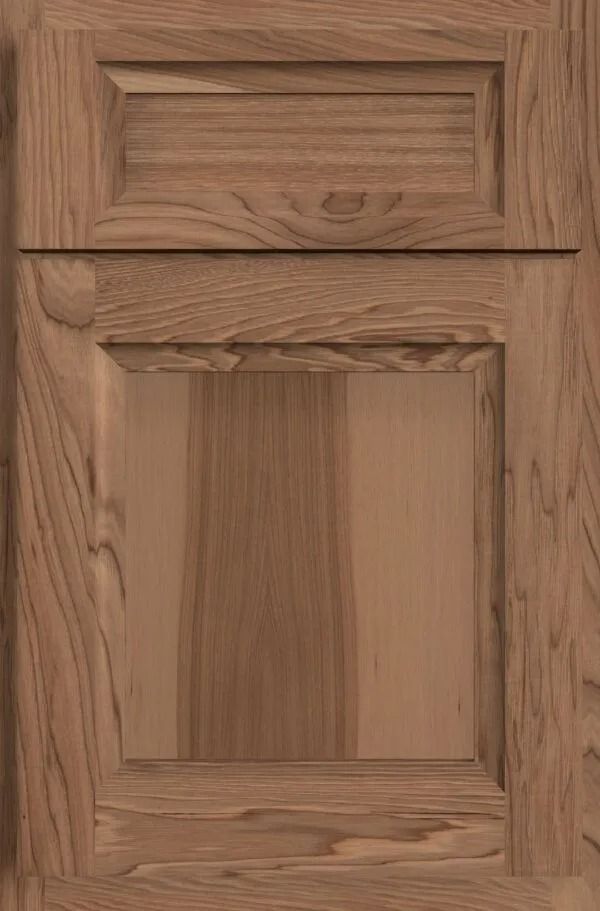 Wooden cabinet door with raised paneling and a medium brown stain.