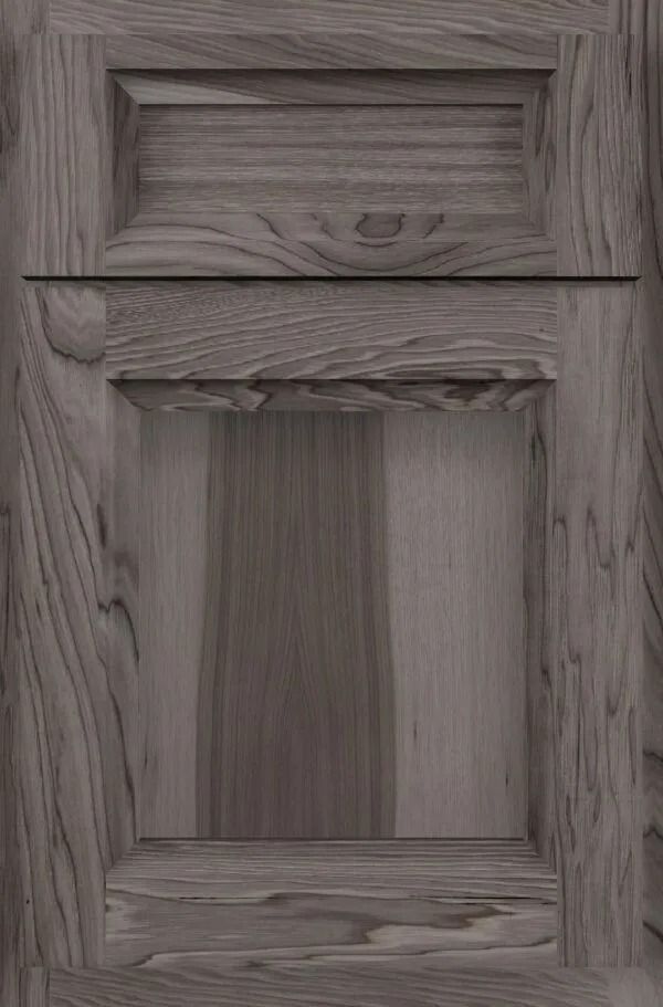 Gray wooden cabinet door with recessed panel.