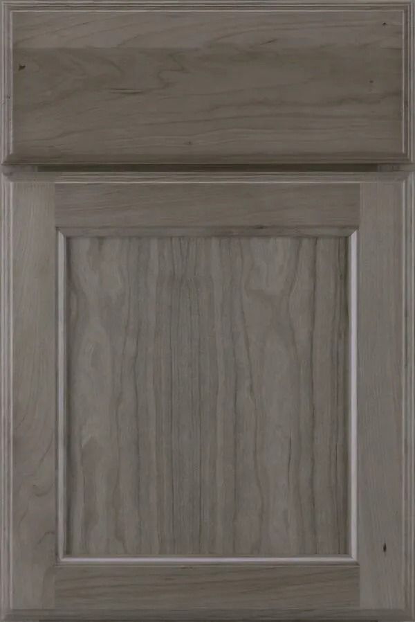 Gray, framed cabinet door with vertical wood grain.