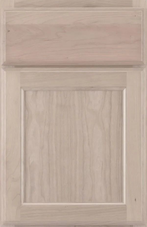 Wooden cabinet door with raised panel in a light, neutral color.