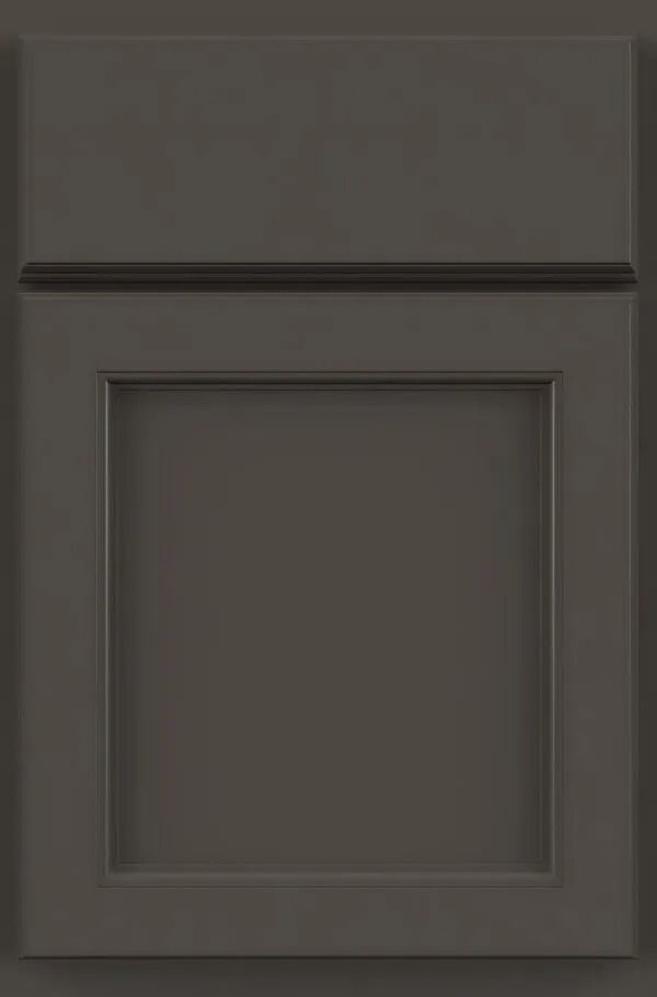 Dark gray kitchen cabinet door with raised panel and trim details.