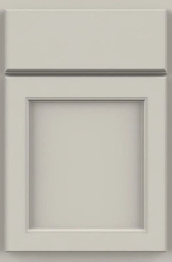 Light gray cabinet door with recessed panel and decorative molding.