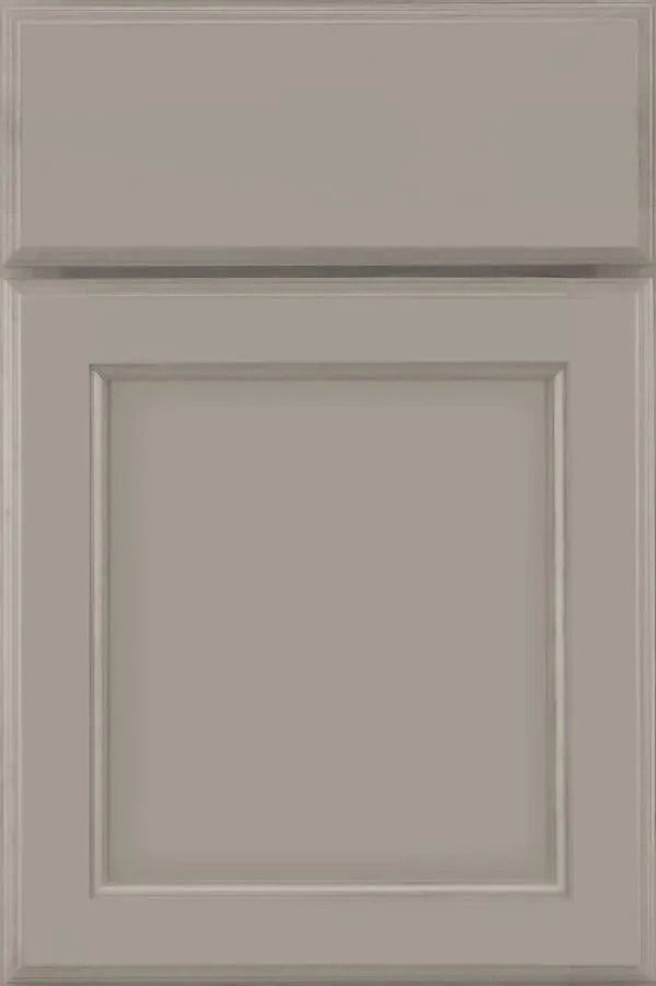 Gray, flat-panel cabinet door with a recessed center panel.