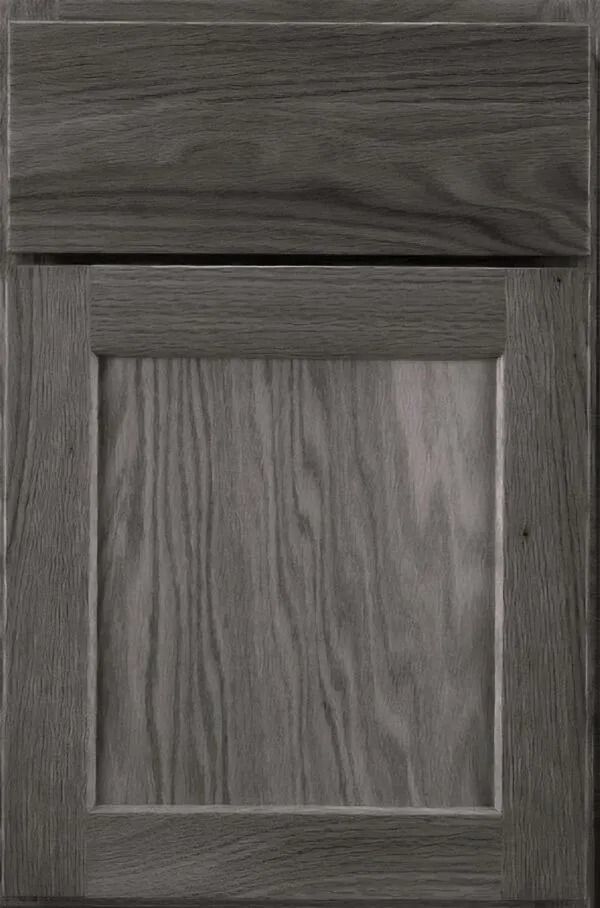 Gray stained wood cabinet door, recessed panel design.
