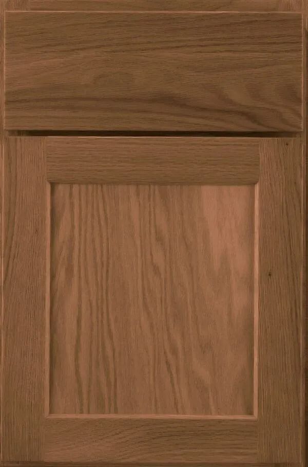Wooden cabinet door with a raised panel, stained medium brown.