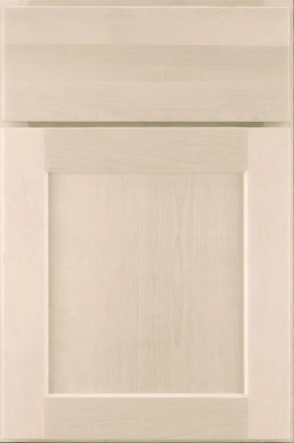 Off-white, wood cabinet door with a raised panel and horizontal grain on the top section.