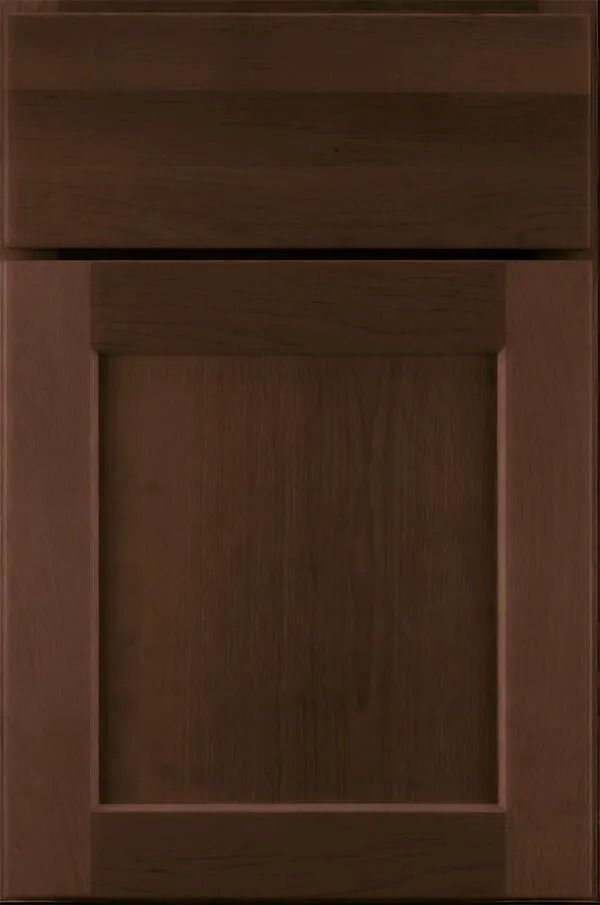 Dark brown wooden kitchen cabinet door with a raised panel.