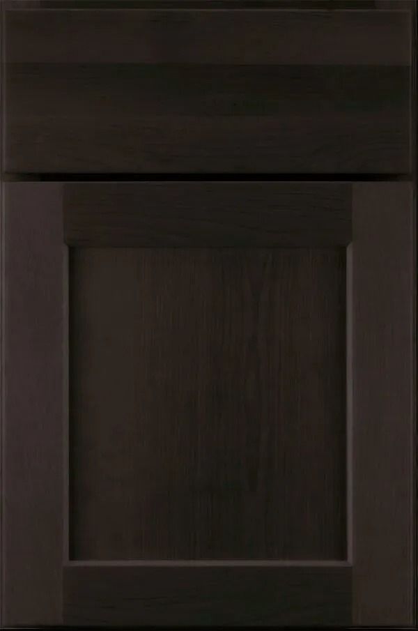 Dark brown shaker-style cabinet door with visible wood grain.