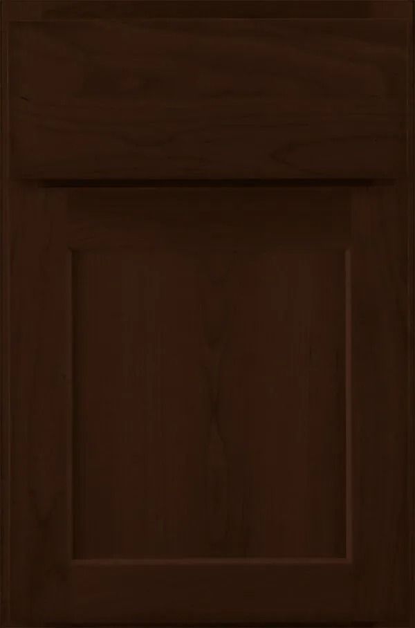 Dark brown cabinet door with recessed panel.