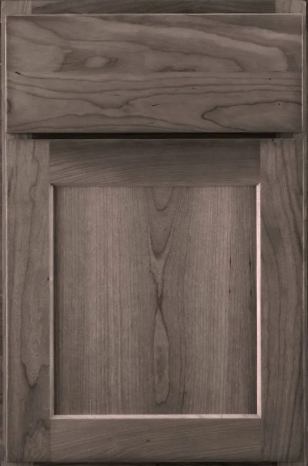 Wooden cabinet door with square panel and top section, natural woodgrain, brown-gray tones.