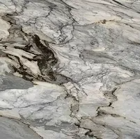 Close-up of marble surface, featuring swirling gray, white, and dark brown veining patterns.