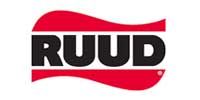 RUUD logo in black text, set within a red, stylized flame shape.