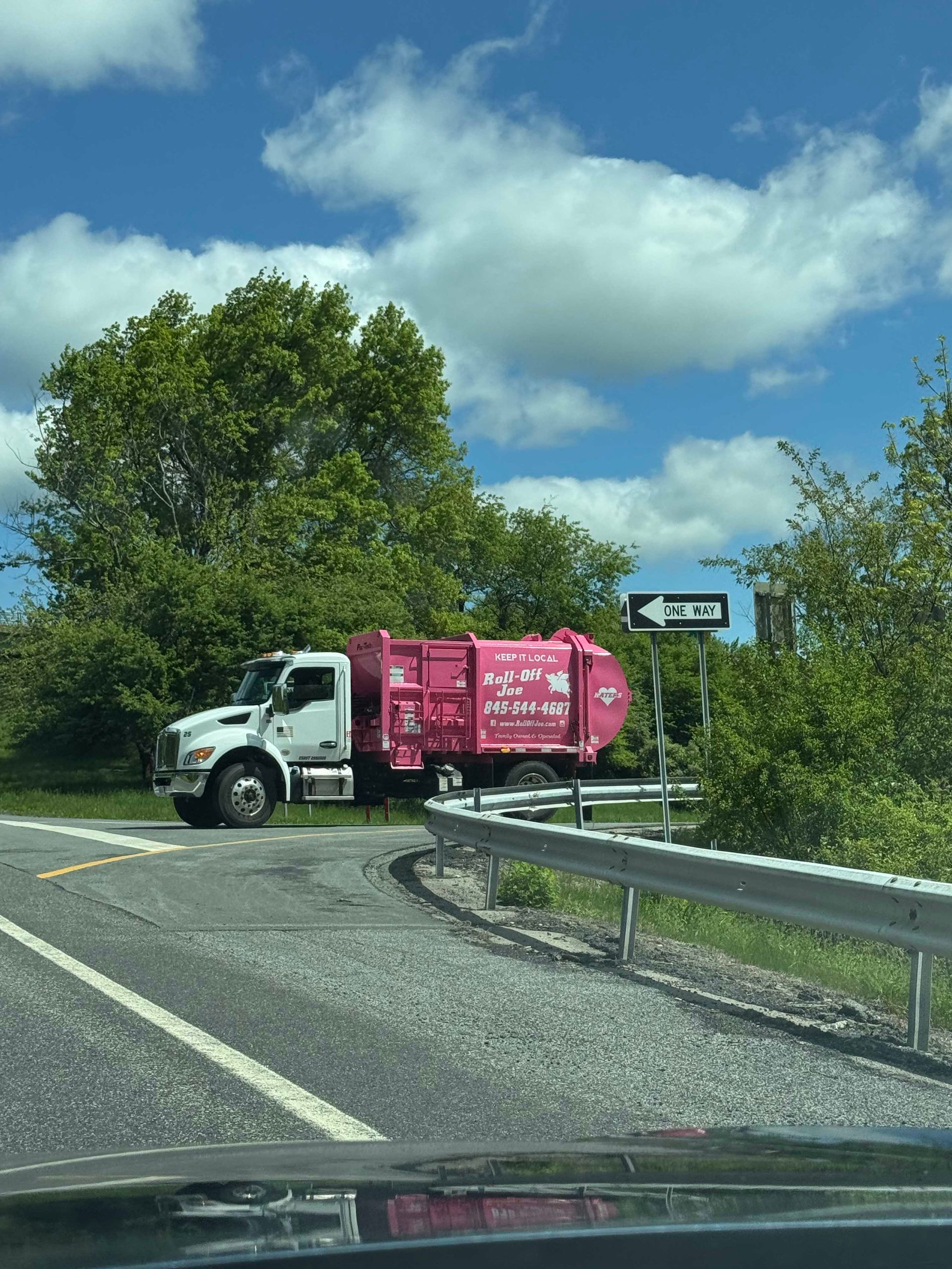 Pink garbage truck on a road, with green trees and a blue sky. A 
