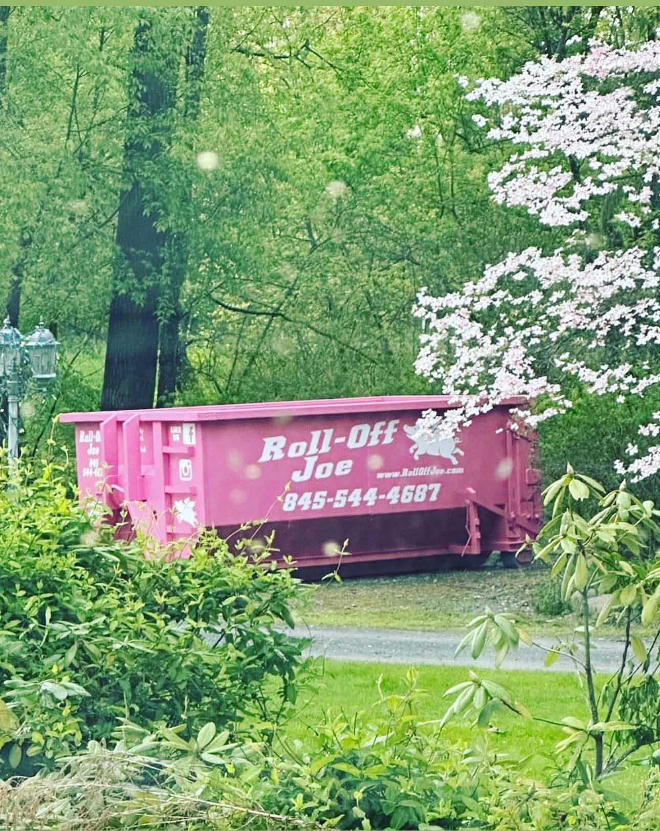 Pink Roll-Off Joe dumpster, with phone number, sits on a driveway, surrounded by greenery and a flowering tree.