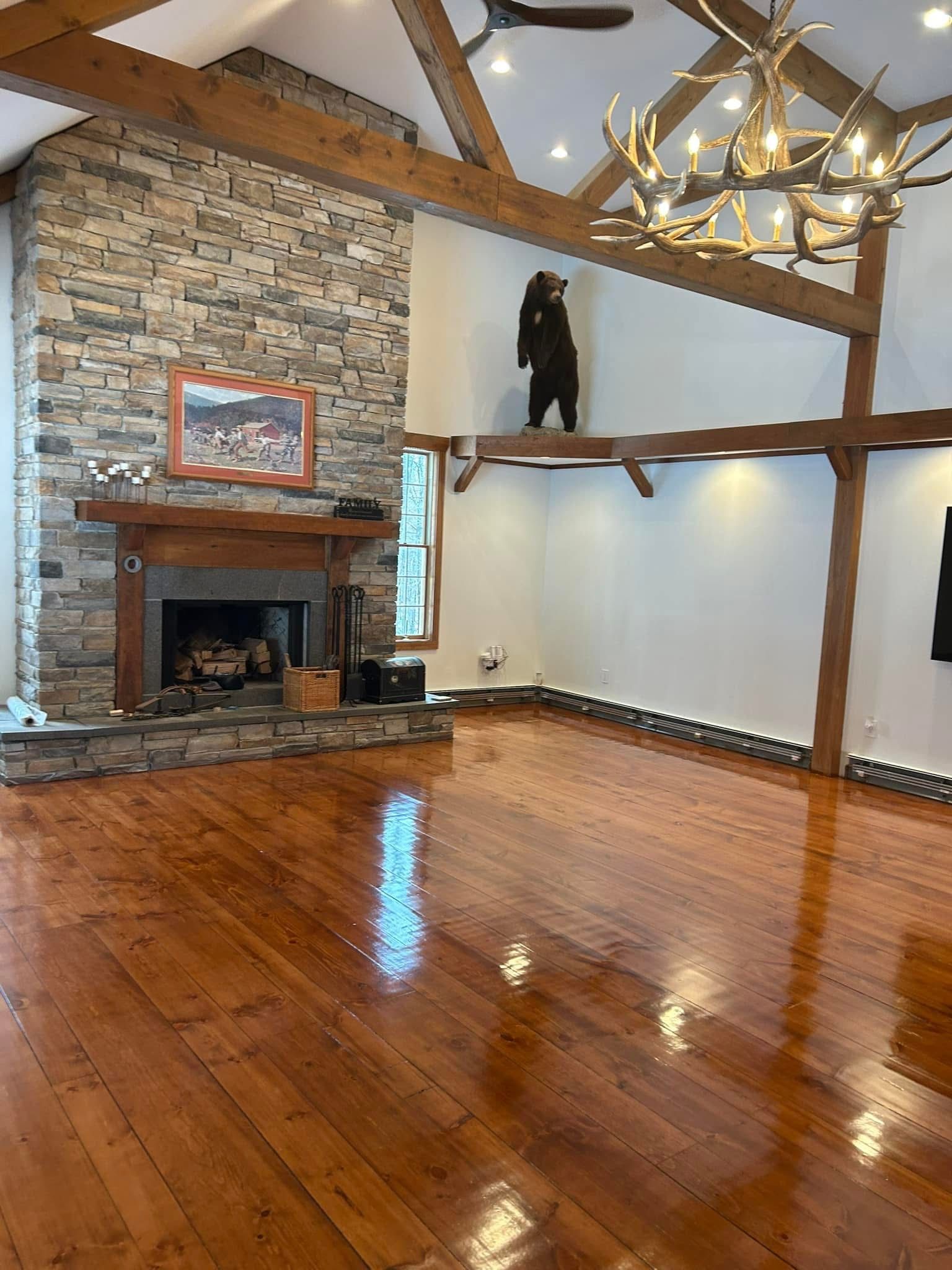 There is a fireplace in the middle of the room.