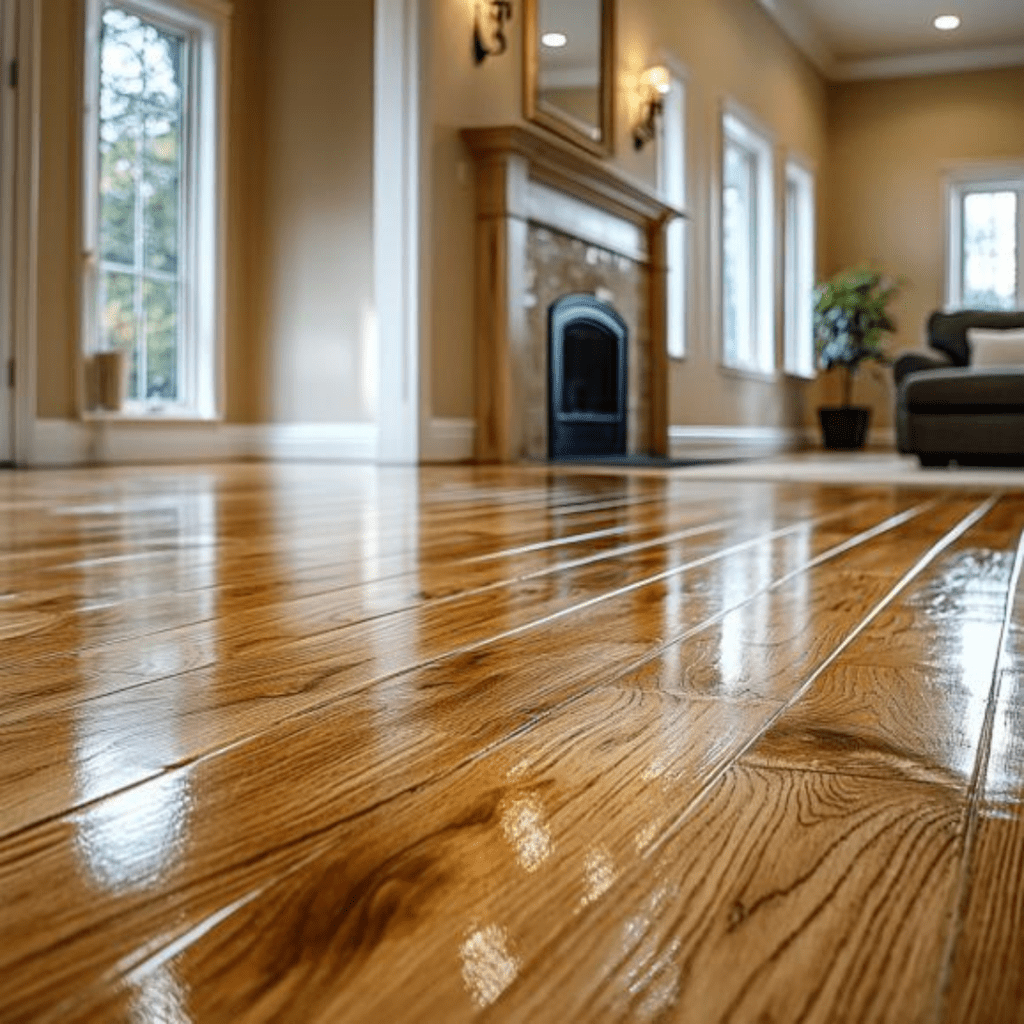 A living room with hardwood floors and a fireplace.