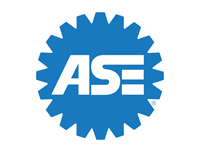 Blue ASE logo in a gear-shaped circle with white letters.