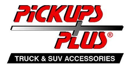 Logo for Pickups Plus: red text, black cross, black and white bar, "Truck & SUV Accessories."