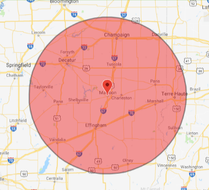 Map centered on Mattoon, IL, with a red circle showing a local service area.