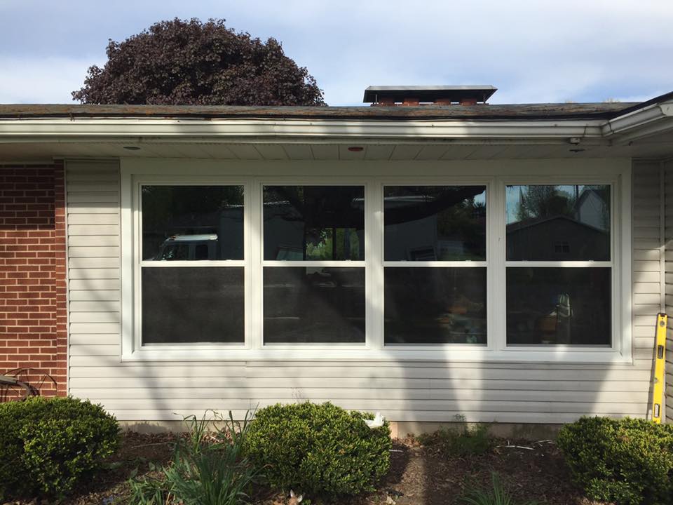 Four white-framed windows on a house exterior. Gray siding, red brick, and green bushes are visible.