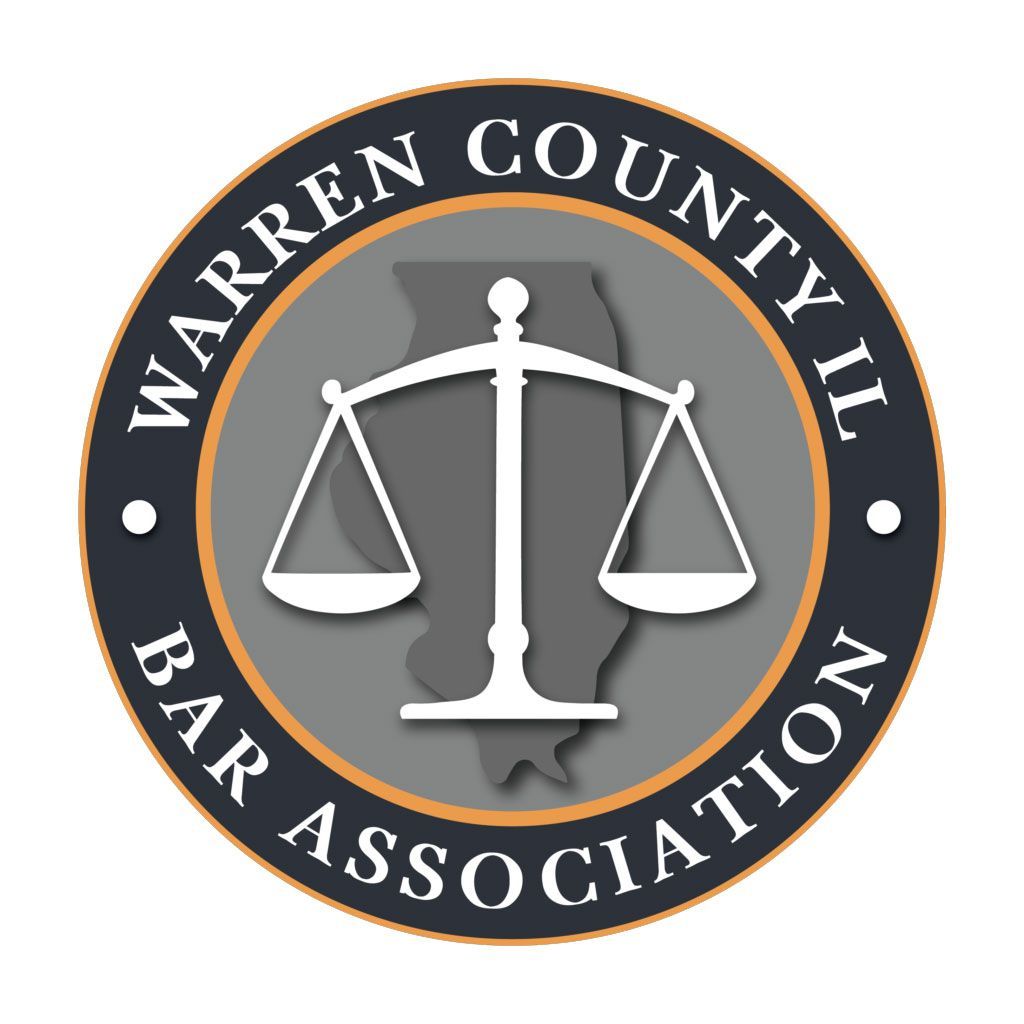 Circular logo for the Warren County IL Bar Association featuring a scale of justice over a silhouette of Illinois.