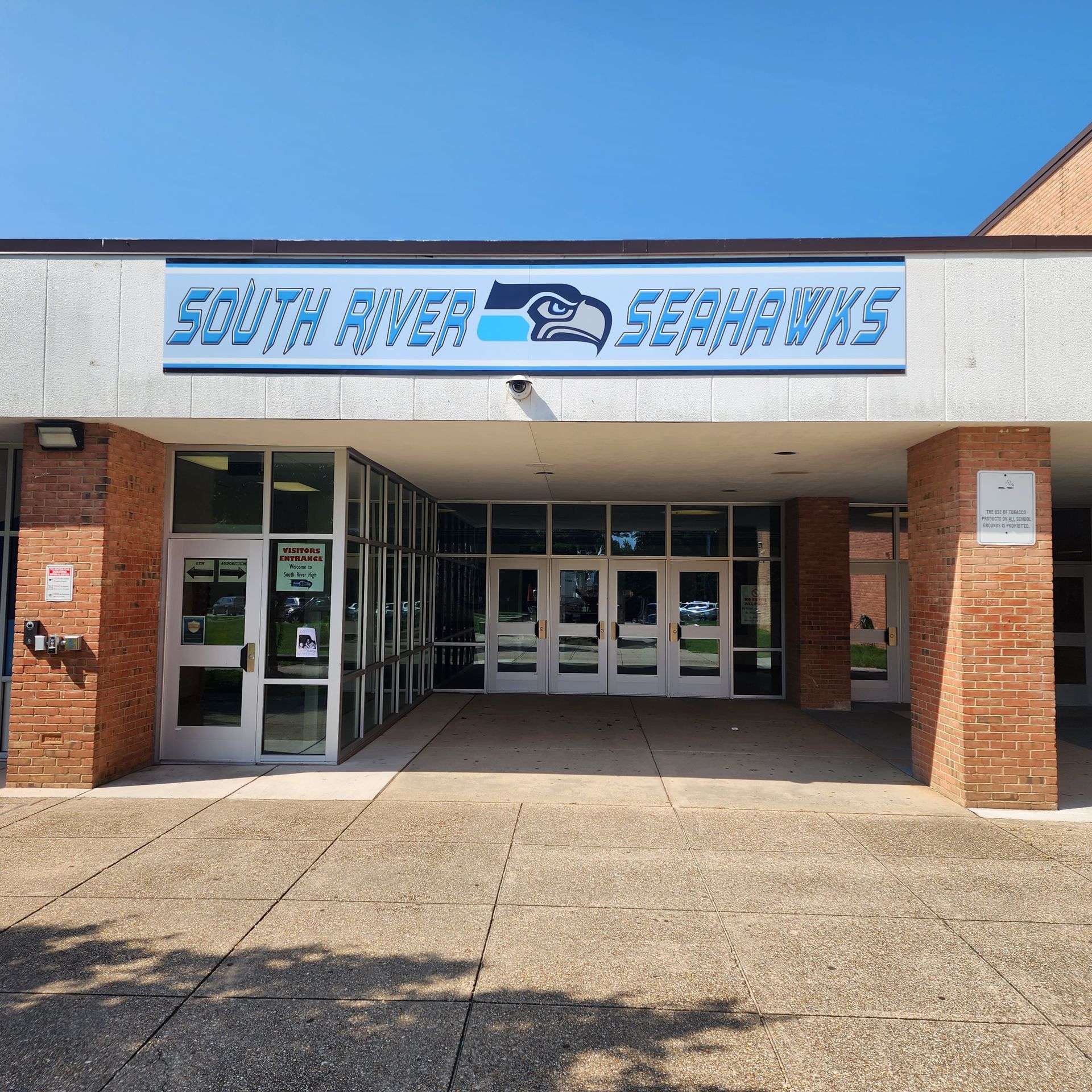 The entrance to the south river seahawks school