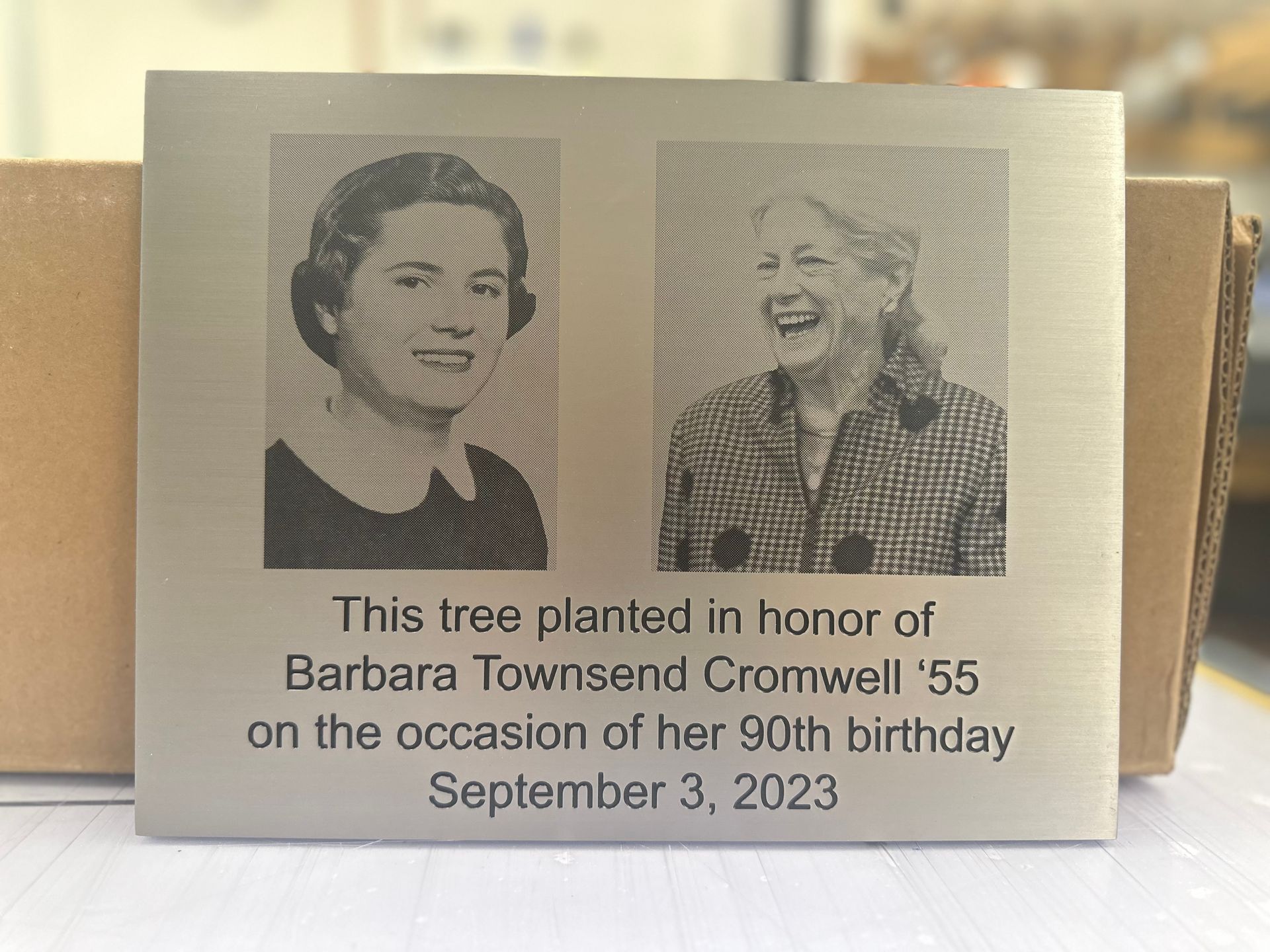 A plaque that says this tree planted in honor of barbara townsend cromwell '55 on the occasion of her 90th birthday september 3 2023