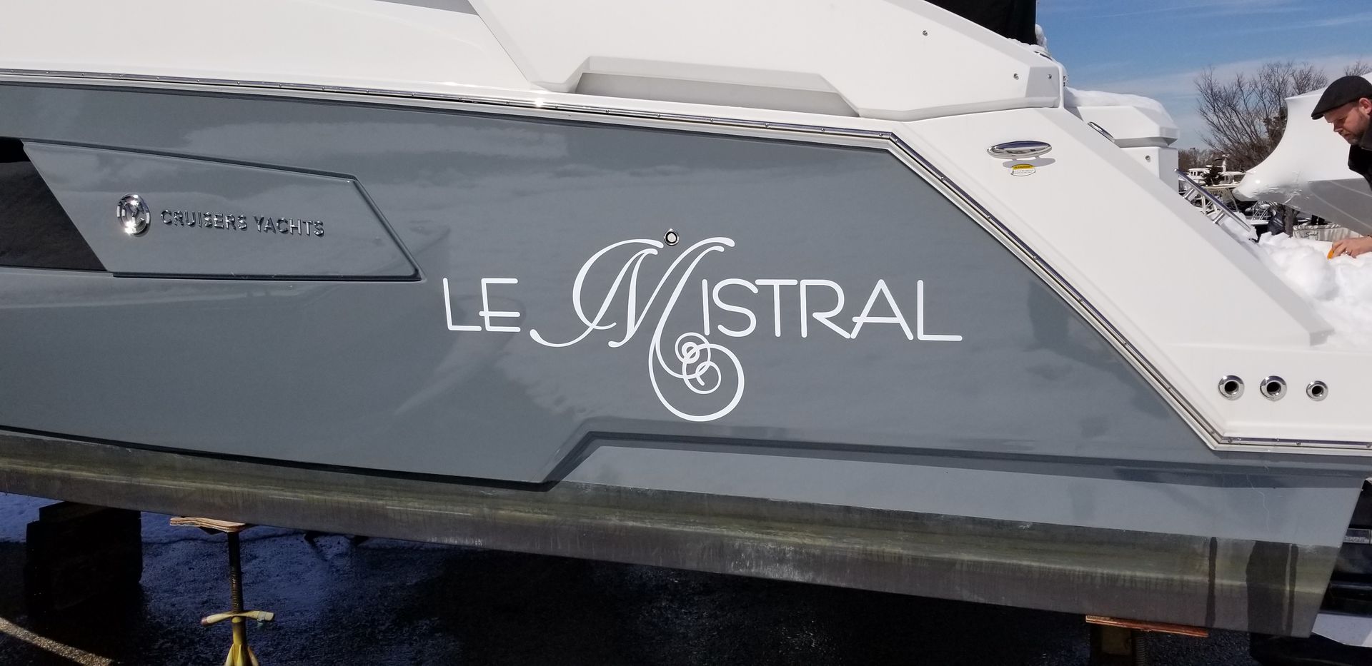 The name le mistral is on the side of a boat