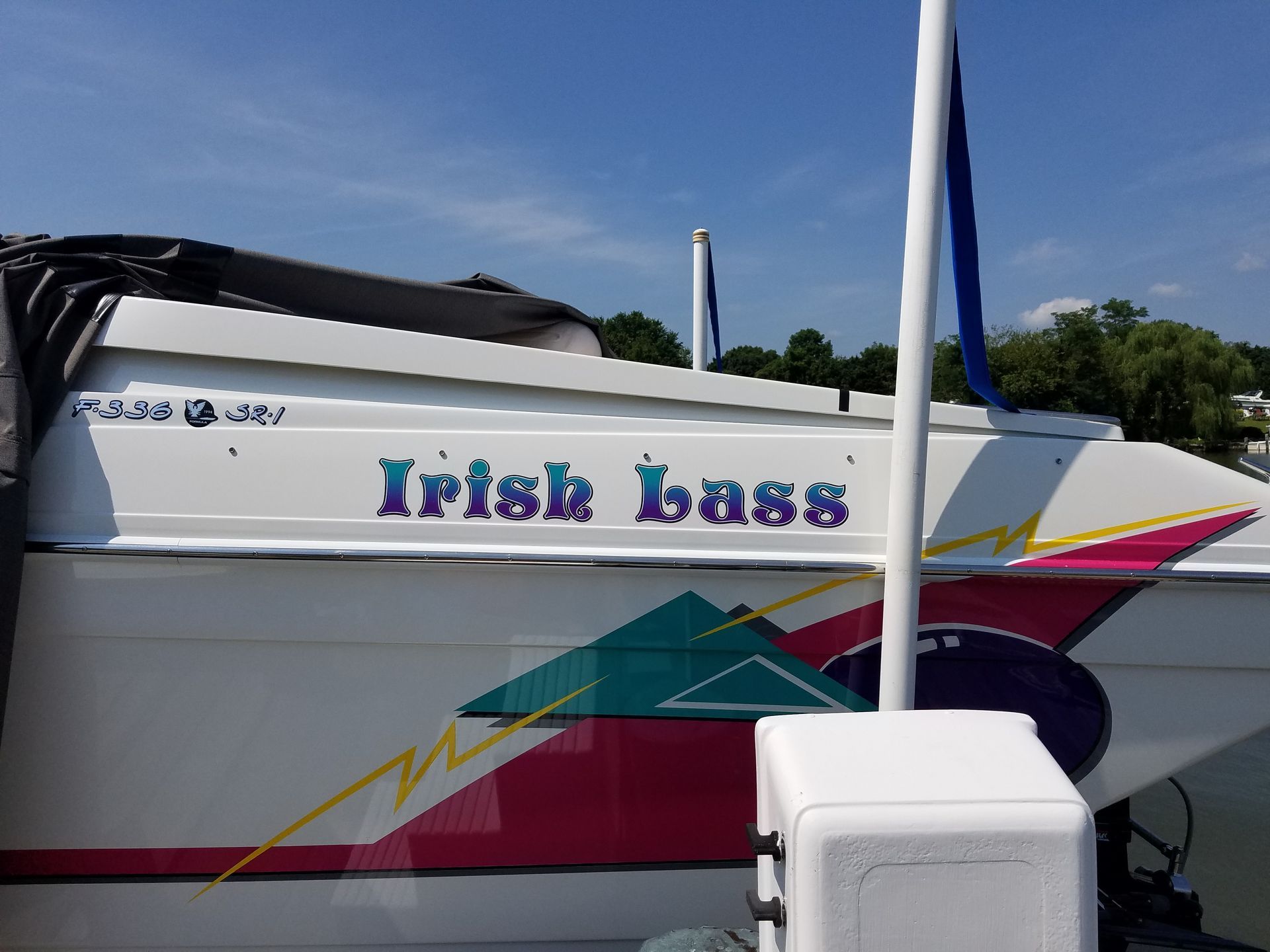 A boat with the name irish bass on it