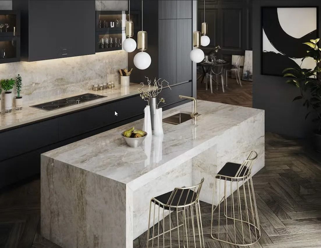 Modern kitchen with marble island and black cabinetry, wood floors, and pendant lights.