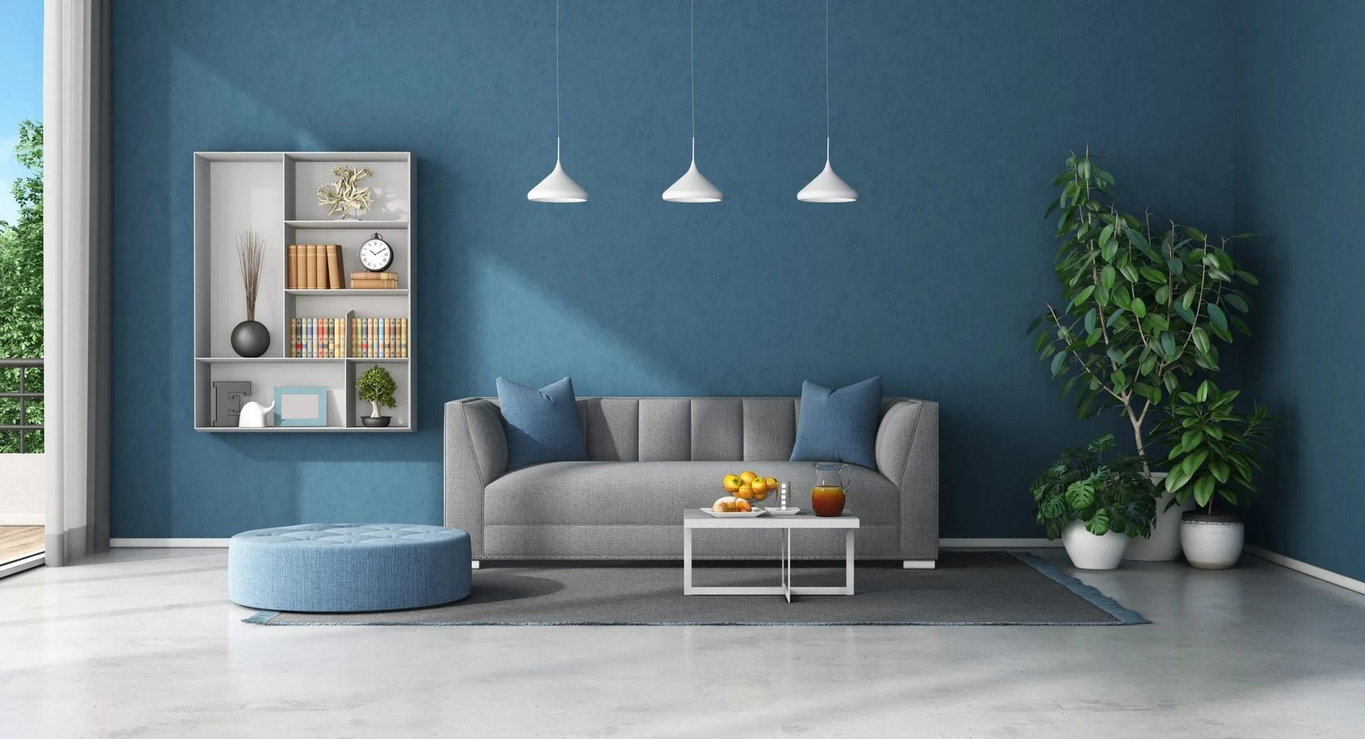 Living room with blue walls, gray couch, and modern decor.