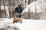 Person using a snowblower on a snowy driveway, snow blowing to the right. A dog is in the path of the snow.