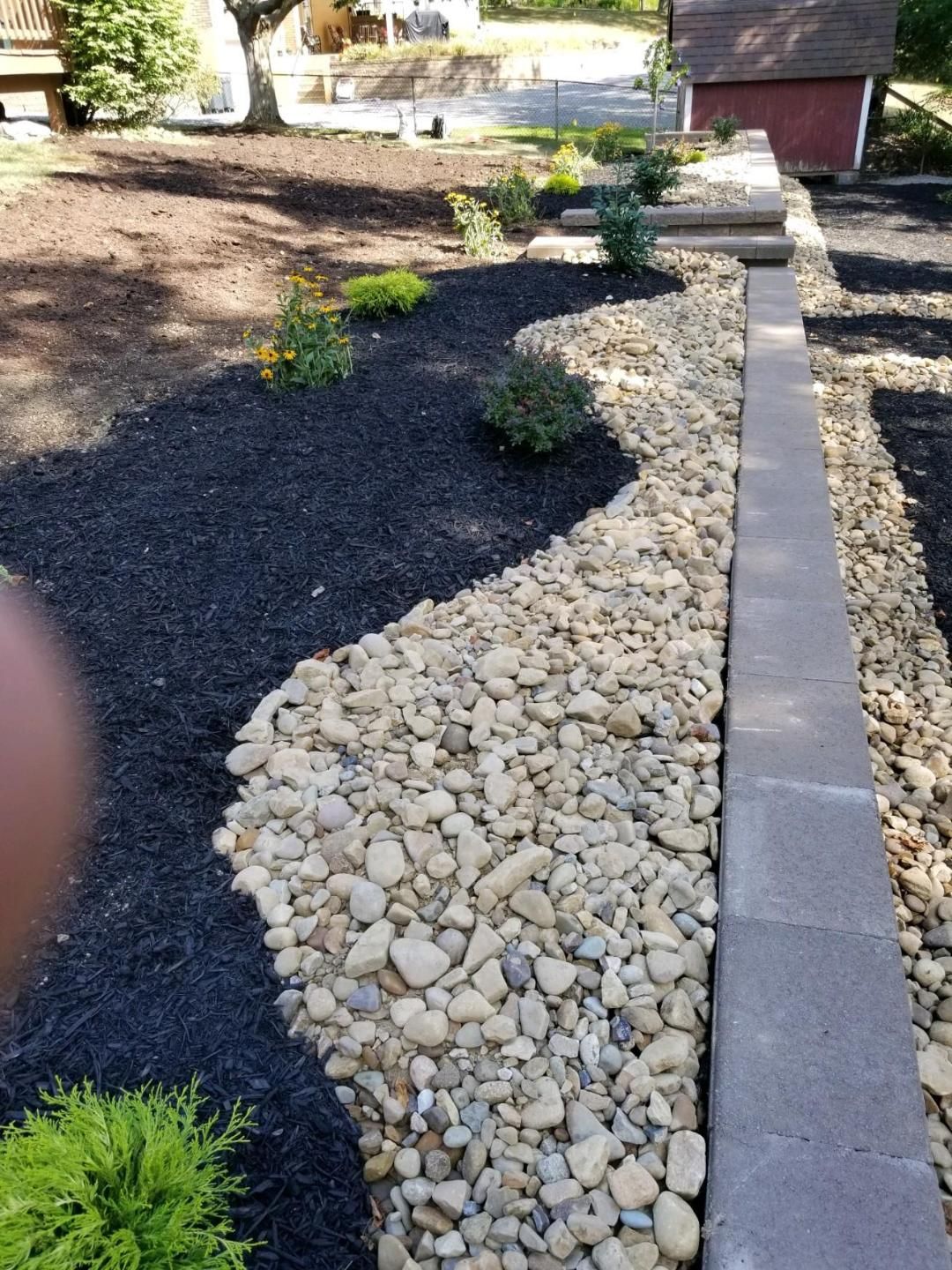 Stone and mulch landscaping with small bushes and a concrete border.