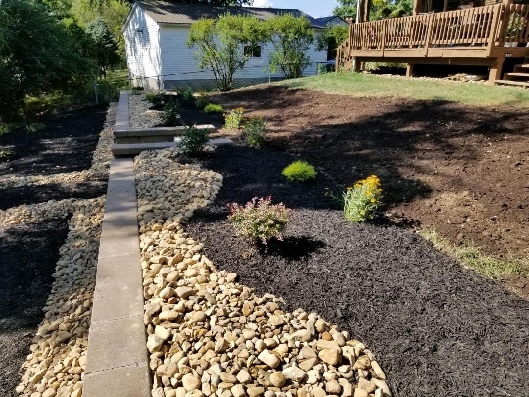 A garden bed with mulch and river rocks borders a concrete path, with a house in the background.