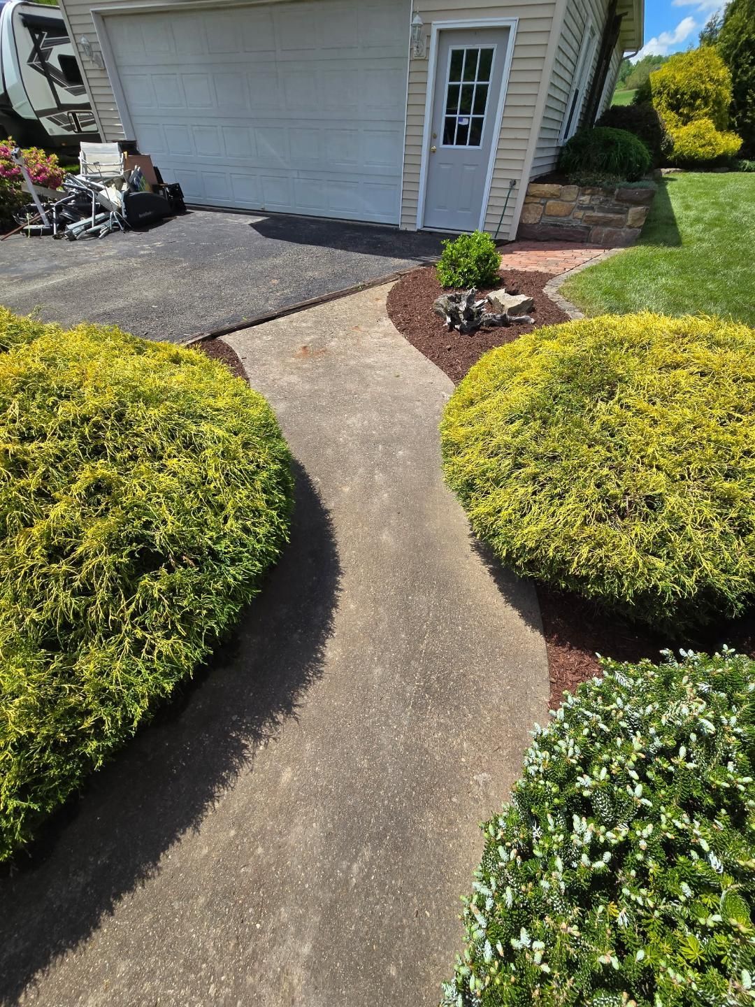 Concrete pathway flanked by green bushes and mulch bed, leading to a garage.