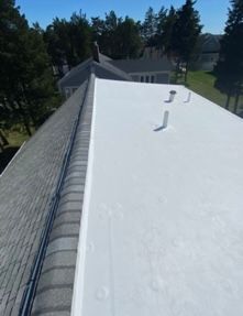 White flat roof beside shingled slope with rooftop vents, viewed from above through trees